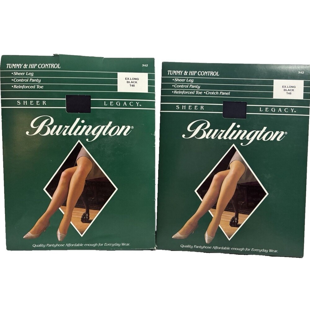 Burlington Sheer Legacy Pantyhose w Tummy Hip Control Black T48 EX Long Lot of 2